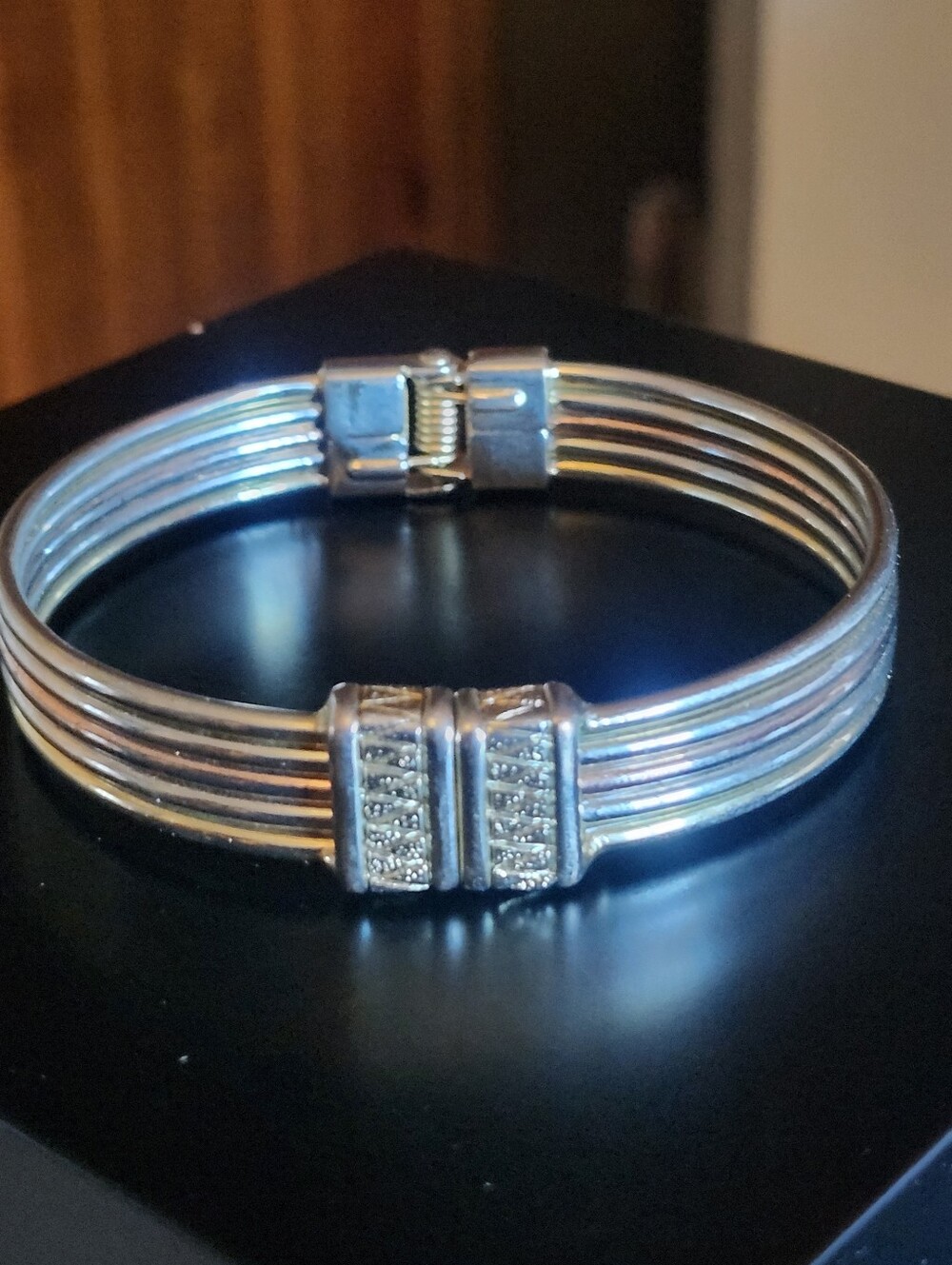 Silver Multi-Strand Hinged Bangle Bracelet with Crystal Accents